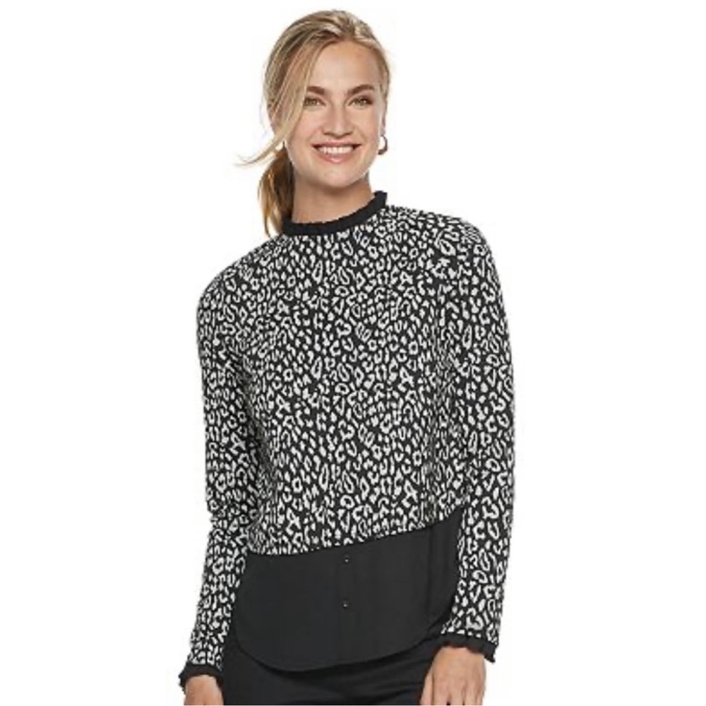 Elle Black and White Animal Print L/S sweater blouse layered look NWT xl